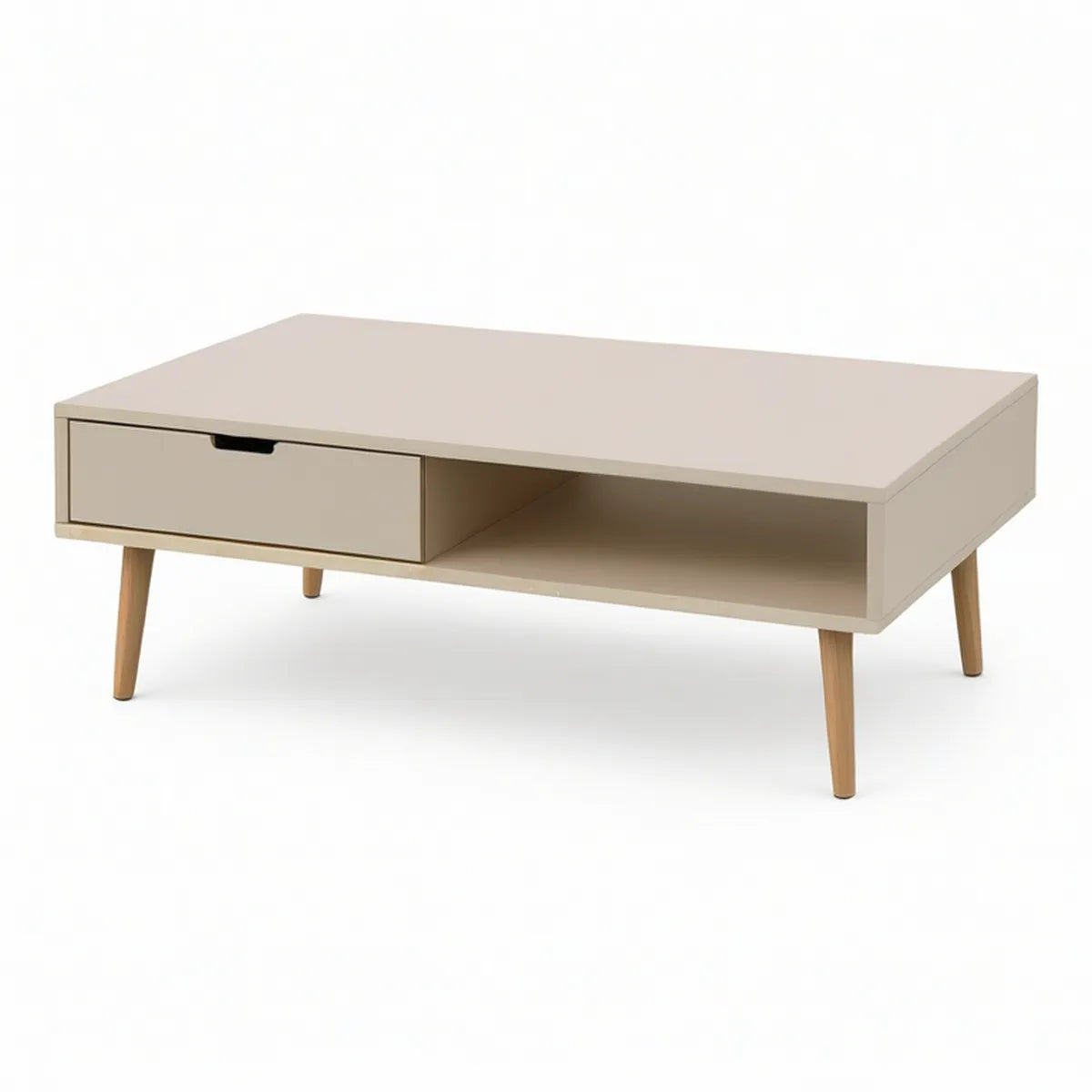 Mesa de centro retangular em MDF lacado bege com gaveta e nicho, 100 x 60 x 45 cm