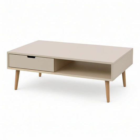 Mesa de centro retangular em MDF lacado bege com gaveta e nicho, 100 x 60 x 45 cm