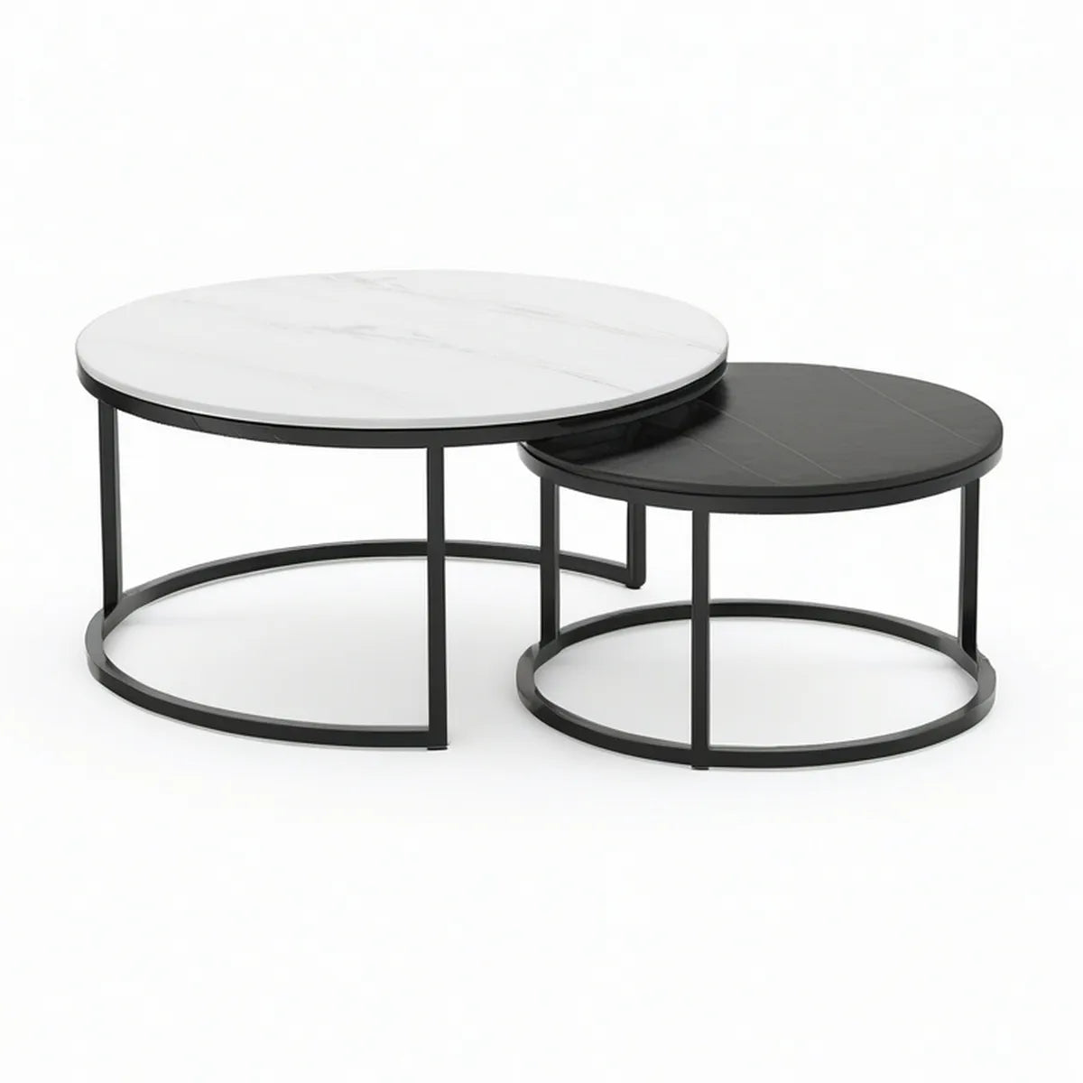 Conjunto de 2 Mesas de Centro Redondas em MDF Branco Efeito Mármore e Preto, 80 x 45 cm e 60 x 40 cm