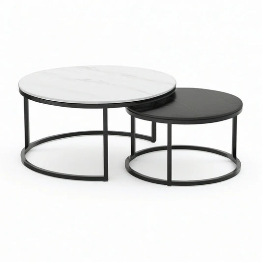 Conjunto de 2 Mesas de Centro Redondas em MDF Branco Efeito Mármore e Preto, 80 x 45 cm e 60 x 40 cm