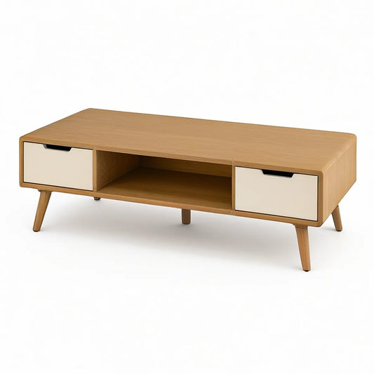 Mesa de centro retangular com 2 gavetas em carvalho e branco, 120 x 60 x 45 cm