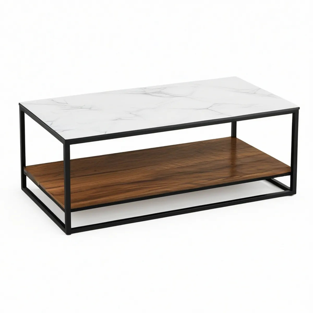 Mesa de Centro Retangular 100 x 60 x 45 cm com Tampo Branco Marmoreado, Estrutura Preta e Prateleira Castanho Nogueira