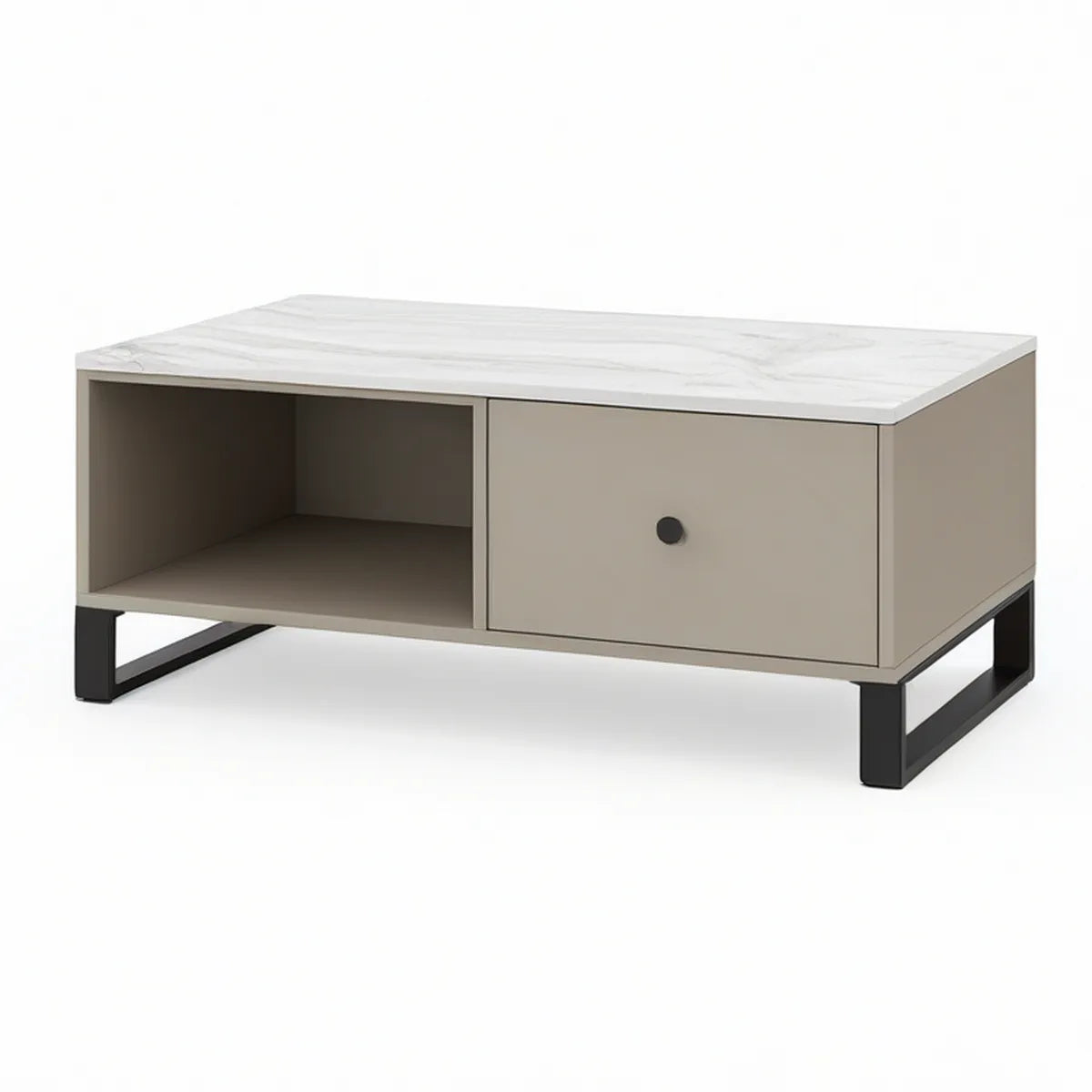 Mesa de Centro Retangular em MDF Bege com Tampo Efeito Mármore e Estrutura em Aço, 100 x 50 x 45 cm