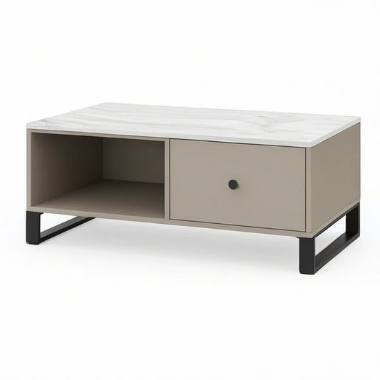 Mesa de Centro Retangular em MDF Bege com Tampo Efeito Mármore e Estrutura em Aço, 100 x 50 x 45 cm