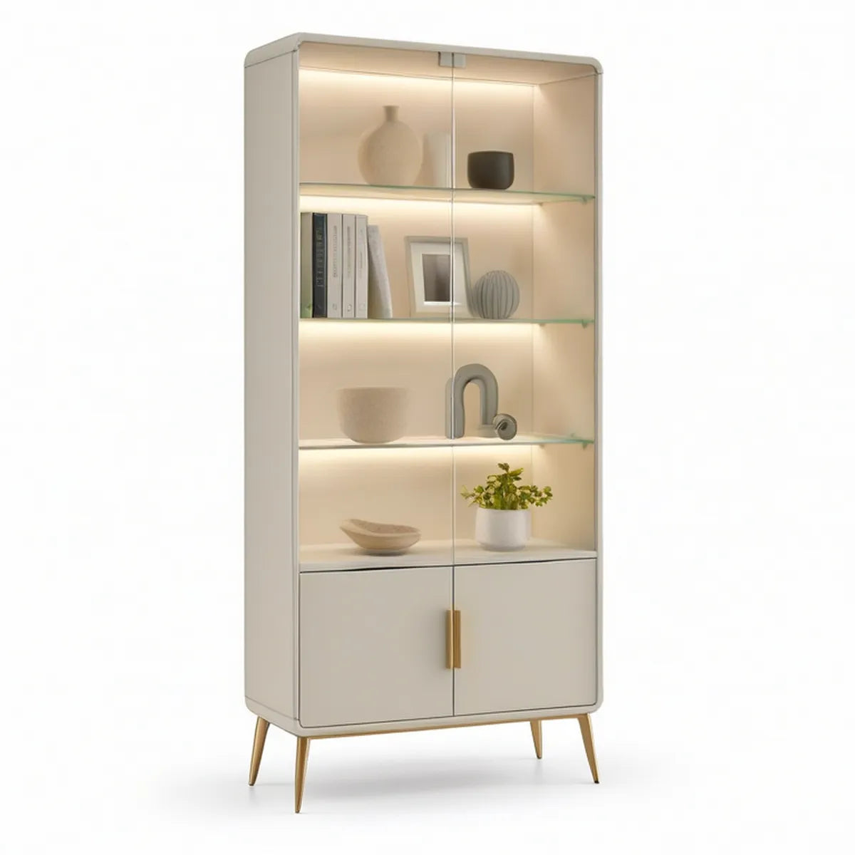 Vitrine Retangular com Iluminação LED em MDF e Vidro Temperado Creme e Dourado, 80 x 40 x 180 cm