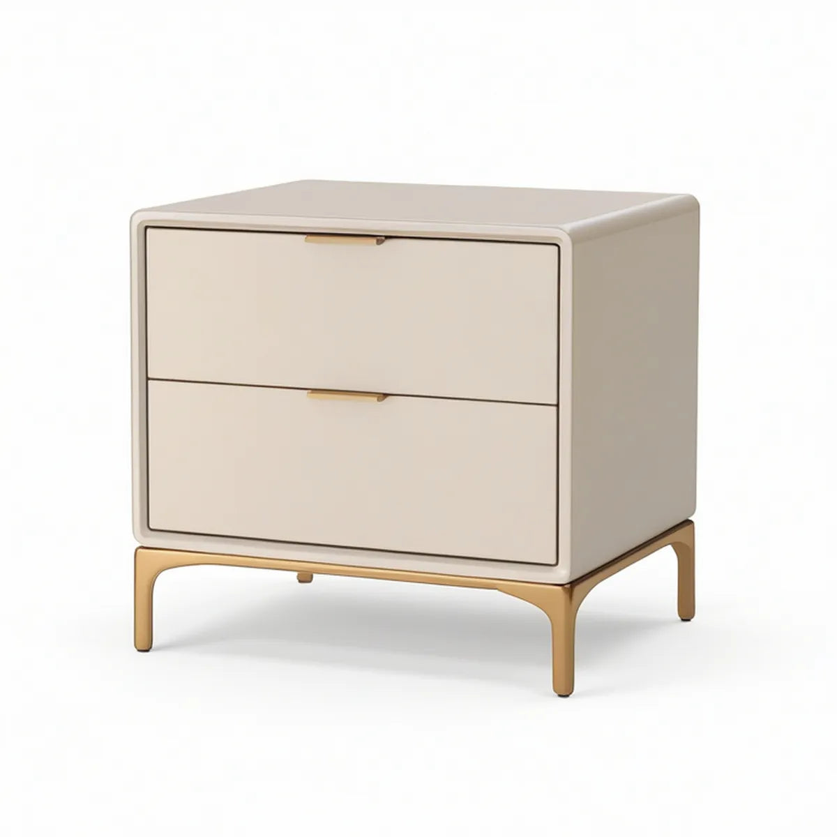 Mesa de Cabeceira Retangular com 2 Gavetas em MDF Lacado Bege e Aço Dourado 50 x 40 x 55 cm
