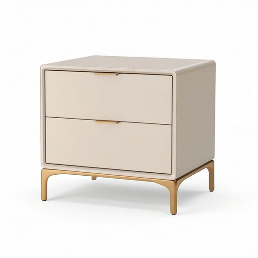 Mesa de Cabeceira Retangular com 2 Gavetas em MDF Lacado Bege e Aço Dourado 50 x 40 x 55 cm
